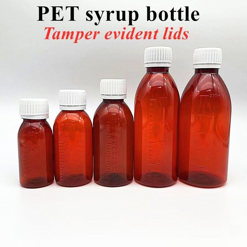 100 ml 120 ml Amber plastik şurubu Şişeler Farmasötik Evcil hayvanlar Yuvarlak İlaç Öksürük Şurubu CRC Kapaklı Şişe