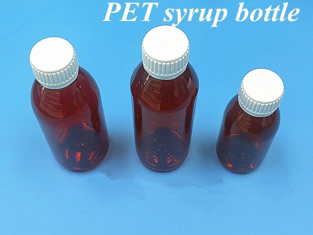 Farmasötik 100ml 120ml 150ml Boş Amber Plastik PET amber şurup plastik şurup şişesi Ropp Cap ile