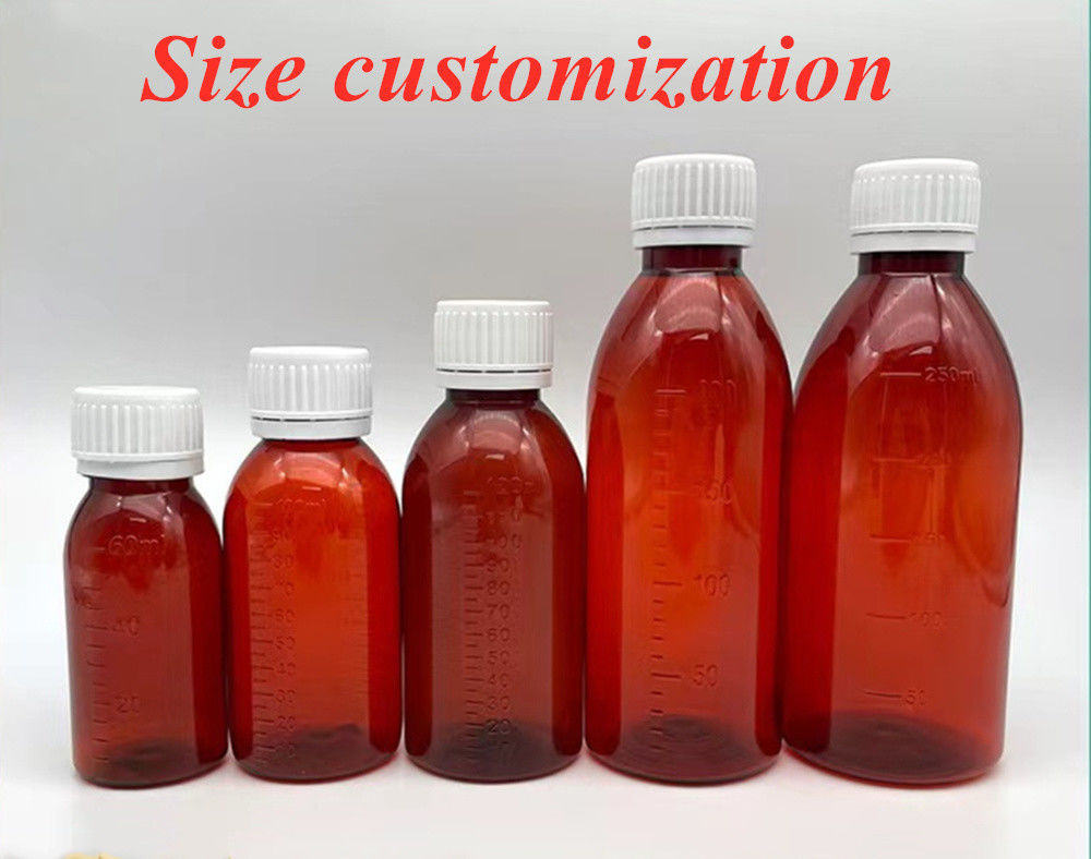 Farmasötik 100ml 120ml 150ml Boş Amber Plastik PET amber şurup plastik şurup şişesi Ropp Cap ile