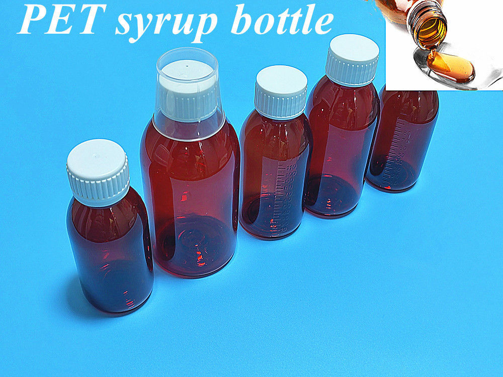 100 ml 120 ml Sıvı Amber Plastik Şurup Şişe Vuruşlu Kapaklı Boş Yuvarlak PET Amber Şurup Plastik Şişe
