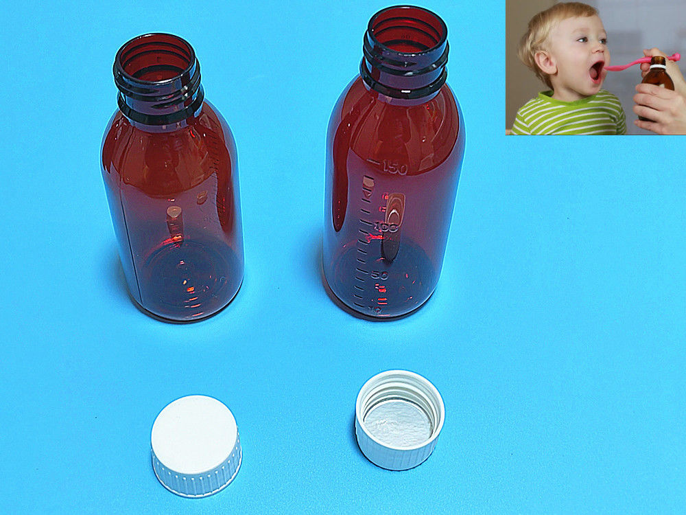 100 ml 120 ml 150 ml DIN28 Plastik PET Kahverengi Oral Sıvı Şişe Amber Tükürük Şurubu Şişe Ropp Cap için