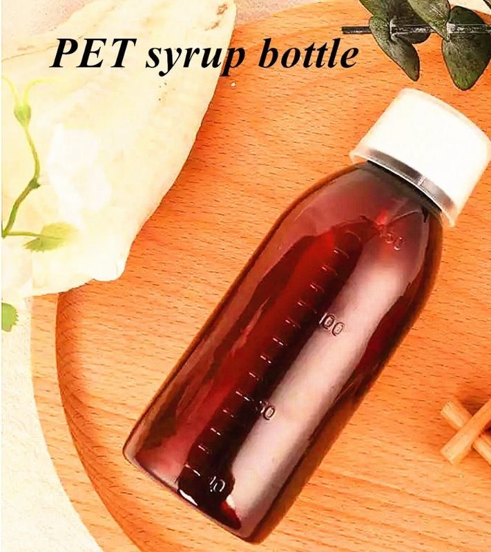 100 ml 250 ml Sıvı Tıbbı Amber PET Öksürük Şurubu Şişesi Ölçüm fincanı ile Plastik Öksürük Şurubu Şişesi