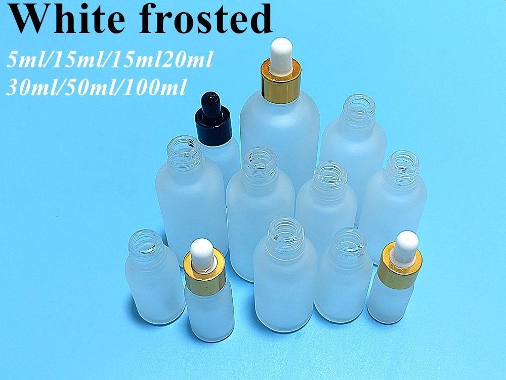 5ml 10ml 15ml 20ml 30ml 1oz boş Essential Oil şişesi Beyaz Dondurulmuş Cam Damla Şişe Altın Yüzük Damla Kapaklı