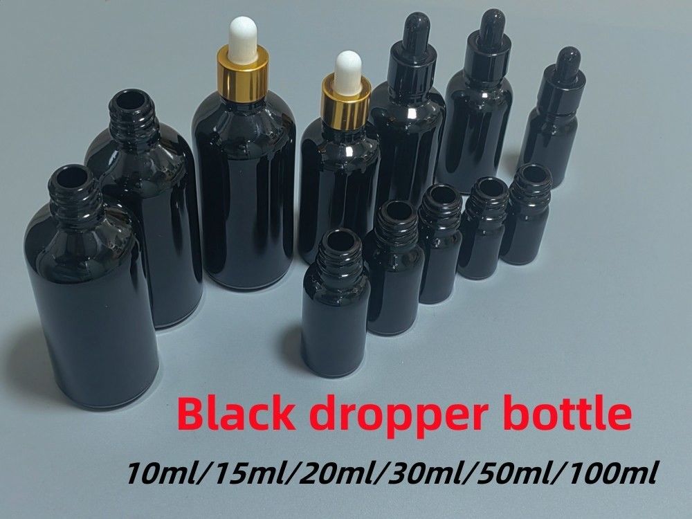 10ml 15ml 20ml 30ml 50ml 100ml Parlak Siyah Önemli Yağ Kozmetik Cam Damla Şişesi