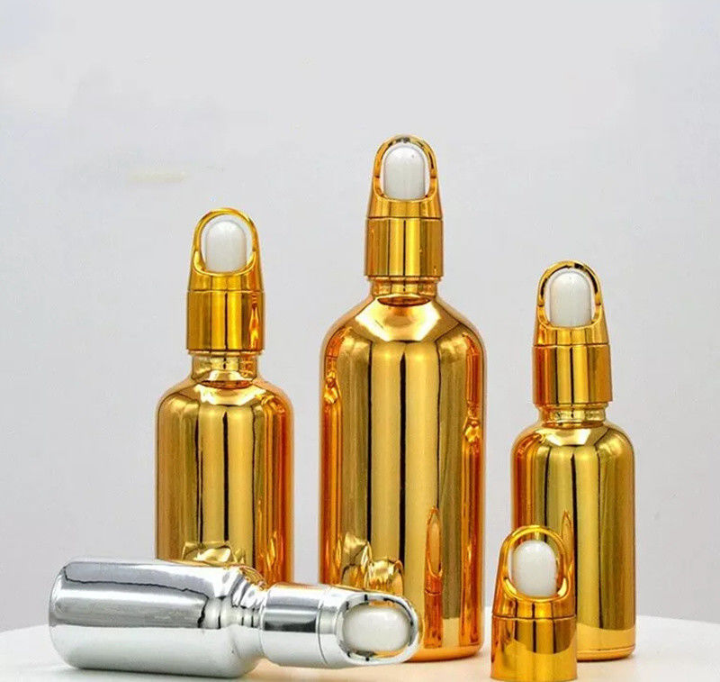 Yüksek Kaliteli Lüks Kozmetik Paketi 10ml 20ml 30ml 50ml Elektroplating Gold Essential Oils Serum Glass Dropper şişe