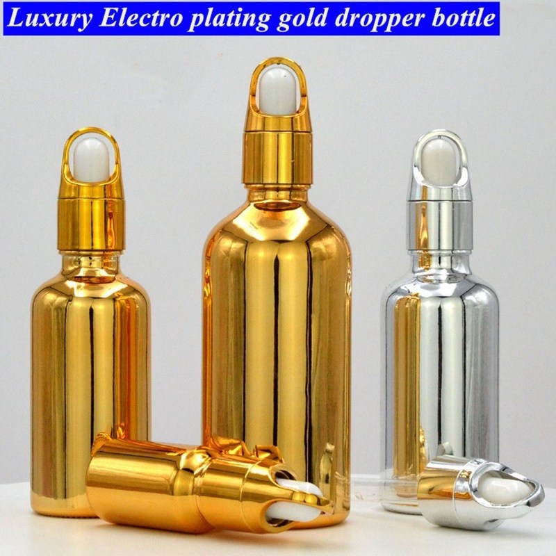 10ml 20ml 30ml 50ml Elektroplat Altın Renk Lüks Kozmetik Paketleme Serm için cam damlatıcı şişeler