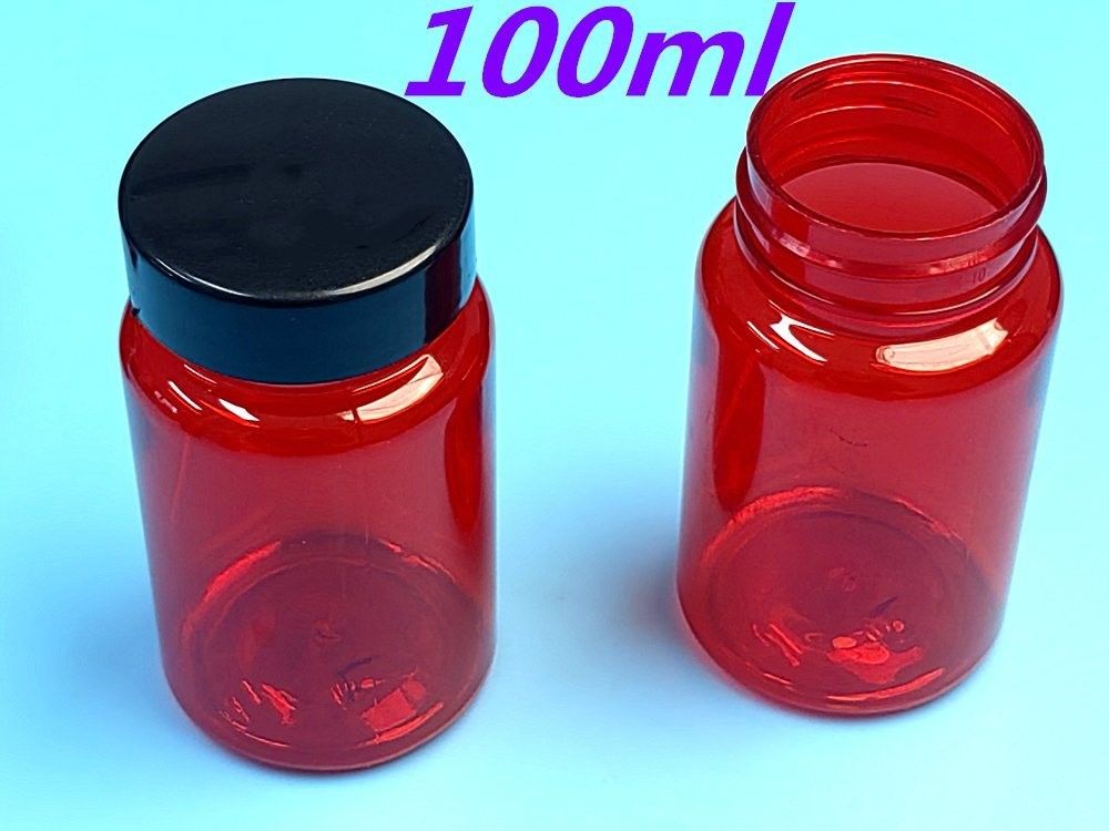 100ml Kırmızı Düşük MOQ PET Plastik Hap Şişeleri Boş Özel Plastik Vitamin Hap Kapsülü Şişe Düğüm Kapaklı Flip Top Kapak