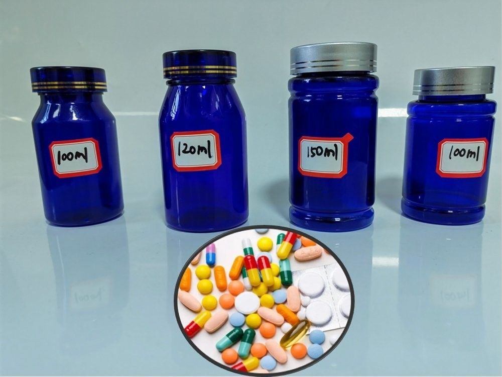 100cc 120cc Plastik Şişe Haplar Kapsüller Şeffaf Mavi PET Yeniden Doldurulabilir Plastik Katı Toz Haplar İlaç şişe