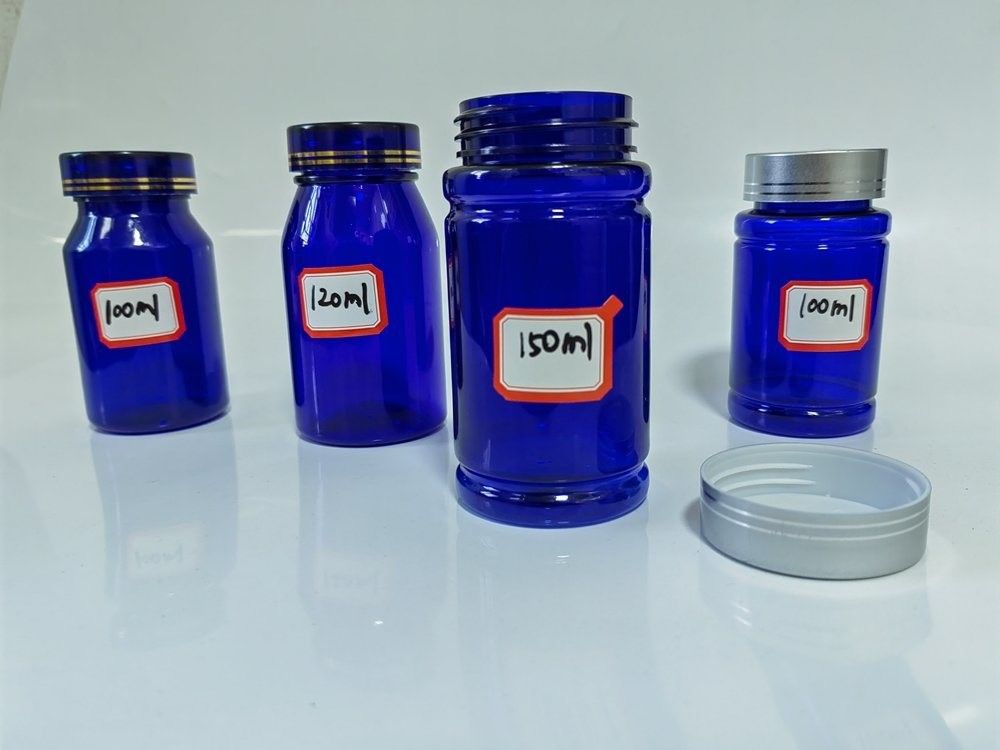 Plastik mavi PET 100ml Kapsül Hap Şişesi Gümüş vida Kapaklı Tıbbi Vitamin Takviyesi Şişe Konteyner