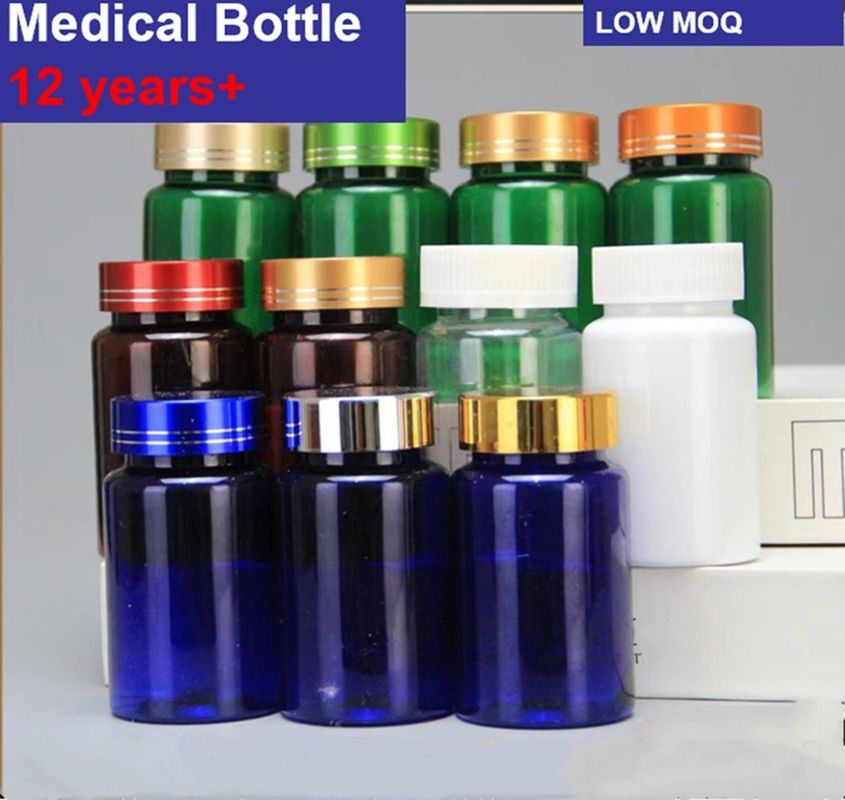 Plastik mavi PET 100ml Kapsül Hap Şişesi Gümüş vida Kapaklı Tıbbi Vitamin Takviyesi Şişe Konteyner