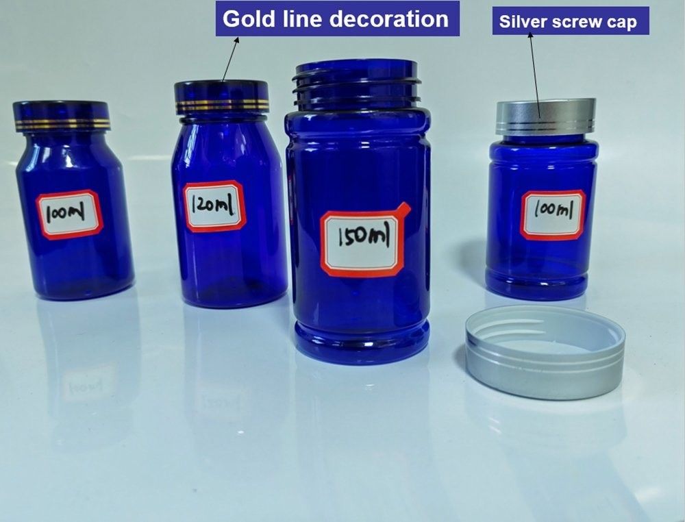 Farmasötik 100ml 120ml 175ml Mavi PET Plastik Hap Kapsül Şişe Sağlık Bakım Tablet İlaç Şişe vida Kapalı